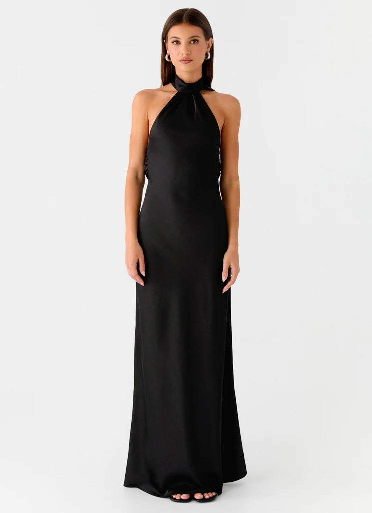 Black Satin Halter Neck Backless Tie Maxi Prom Dress For Elegant Formal Occasions
