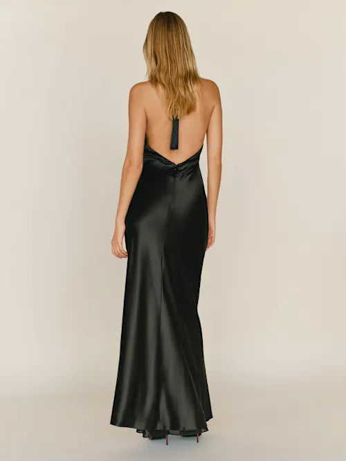 Black Satin High Neck Open Back Tassel Detail Maxi Prom Gown