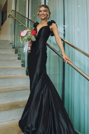 Black Satin Mermaid Maxi Dress with 3D Floral Shoulder Straps & Deep V Back