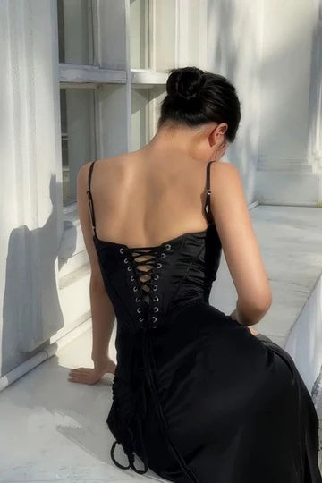 Black Satin Spaghetti Strap Lace Up Back Prom Dress with Train