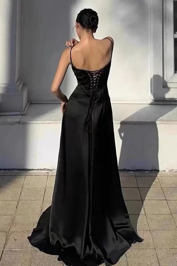Black Satin Spaghetti Strap Lace Up Back Prom Dress with Train