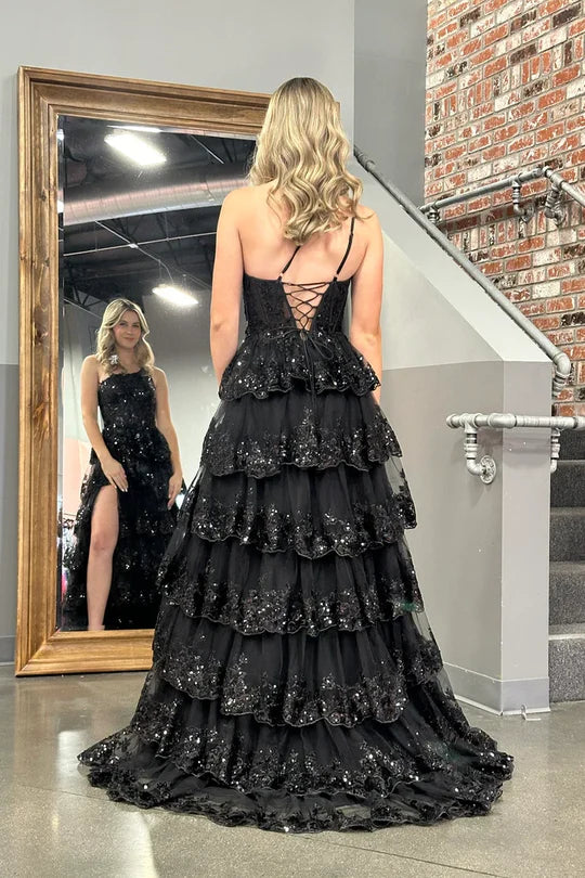 Black Sequin One-Shoulder Tiered Ruffle Prom Dress with Lace-Up Back