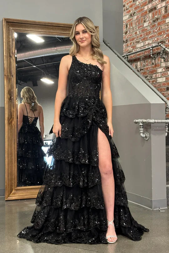 Black Sequin One-Shoulder Tiered Ruffle Prom Dress with Lace-Up Back