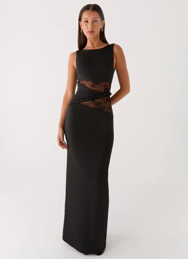 Black Sleeveless Lace Cutout Twist Maxi Prom Dress For Elegant Formal Evening Events