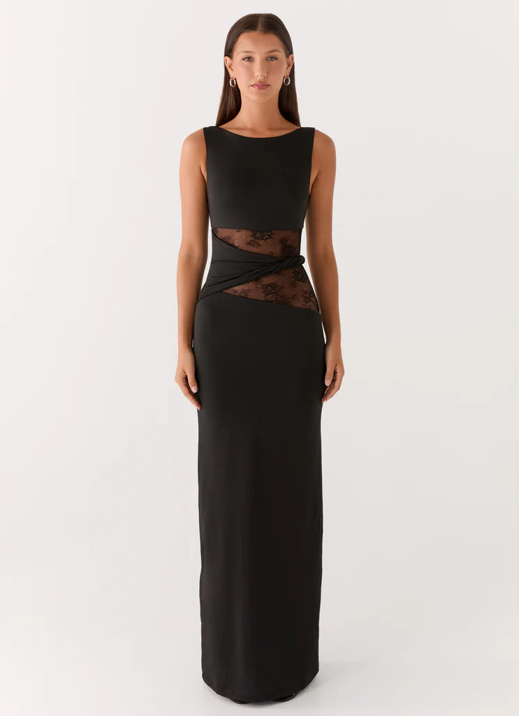 Black Sleeveless Lace Cutout Twist Maxi Prom Dress For Elegant Formal Evening Events