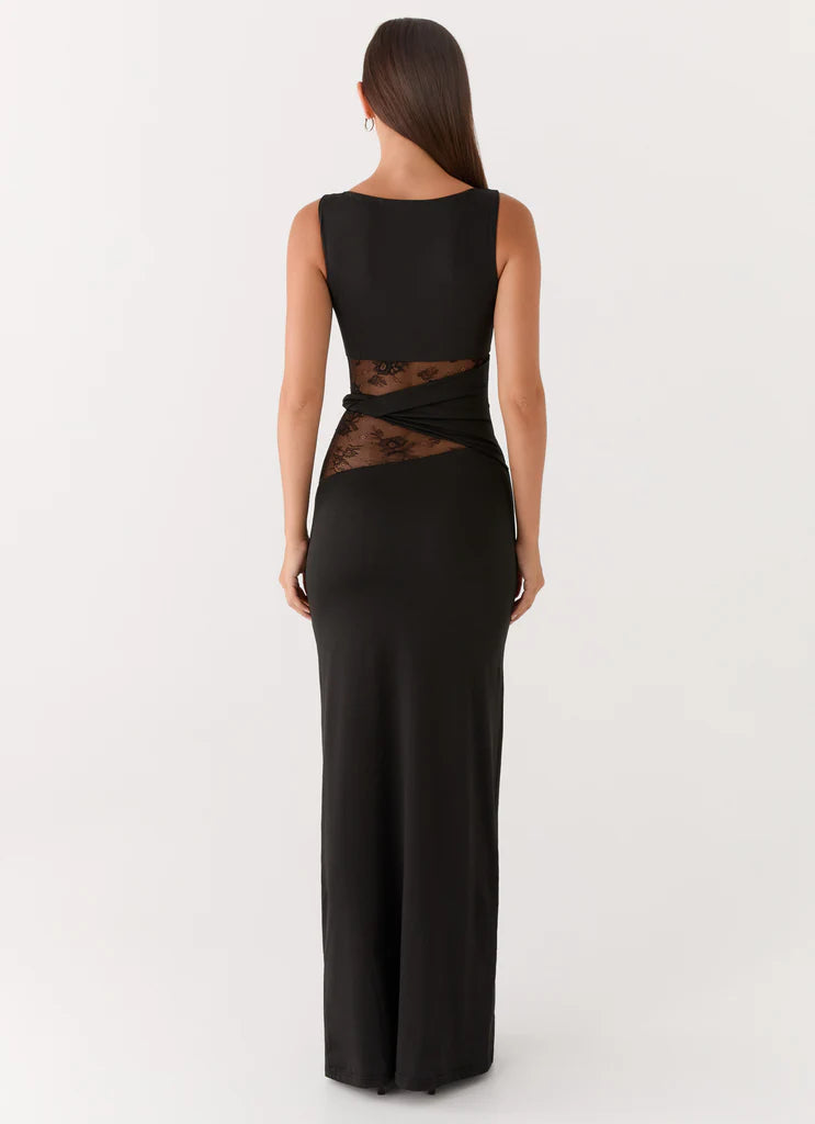 Black Sleeveless Lace Cutout Twist Maxi Prom Dress For Elegant Formal Evening Events