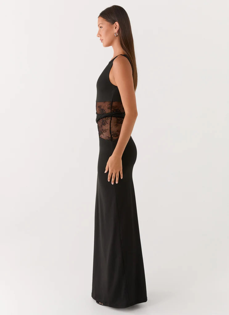 Black Sleeveless Lace Cutout Twist Maxi Prom Dress For Elegant Formal Evening Events