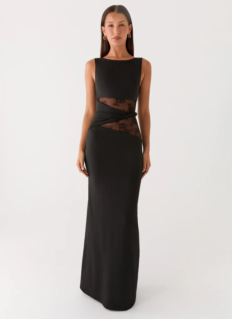 Black Sleeveless Lace Cutout Twist Maxi Prom Dress For Elegant Formal Evening Events