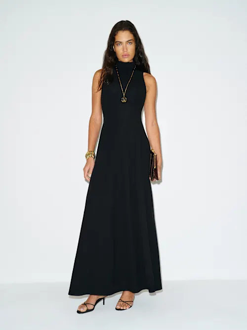 Black Sleeveless Turtleneck Structured A-Line Maxi Prom Dress