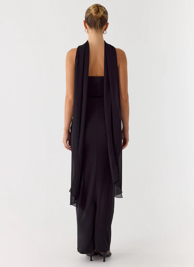 Black Strapless Halter Neck Ruched Maxi Evening Prom Dress For Elegant Formal Evening Events