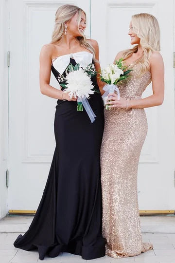 Black Strapless Mermaid Prom Dress with White Bow and Lace-Up Back
