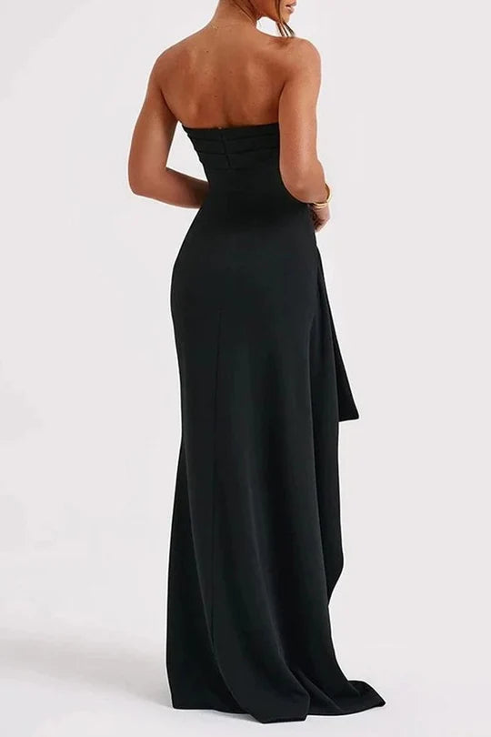 Black Strapless Ruched Mermaid Prom Dress with High Slit and Draped Train