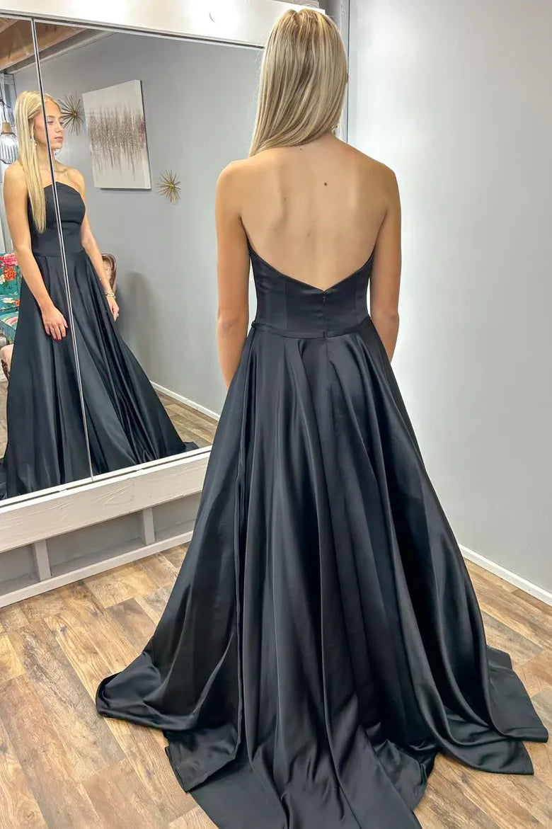 Black Strapless Satin Ball Gown Prom Dress with Open Back and Pockets
