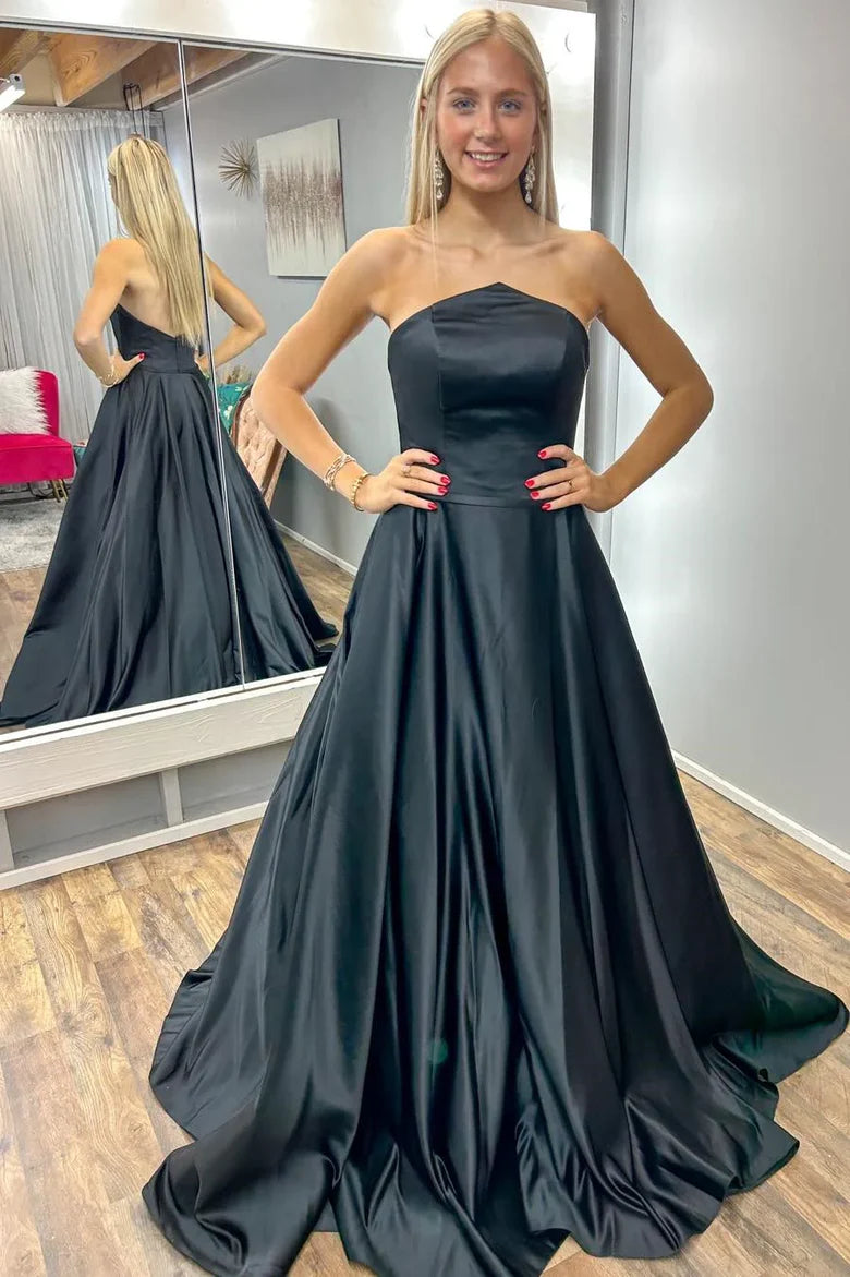 Black Strapless Satin Ball Gown Prom Dress with Open Back and Pockets