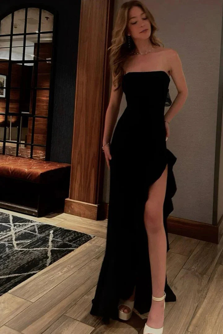Black Strapless Sheer Back Bow Maxi Prom Dress with High Slit