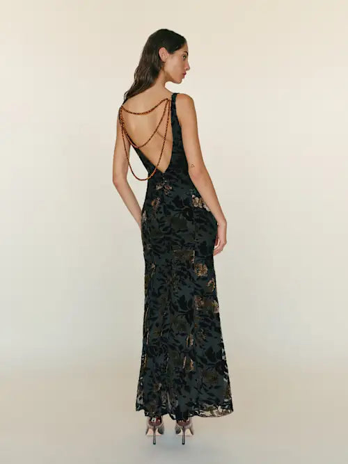 Black Velvet Floral Burnout Deep V Chain Back Maxi Prom Gown