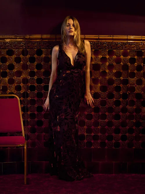 Black Velvet Floral Burnout Deep V Chain Back Maxi Prom Gown