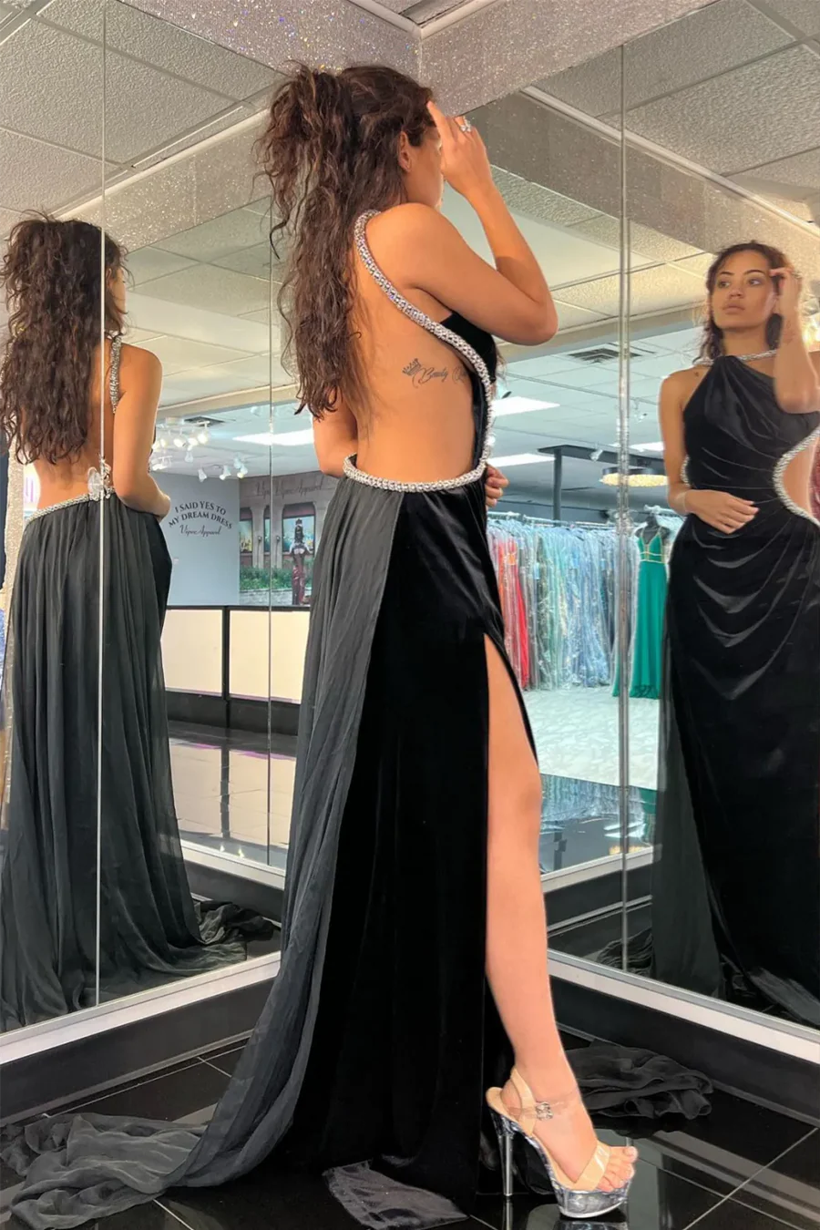 Black Velvet Rhinestone One Shoulder Mermaid Prom Dress with Cutout & Train