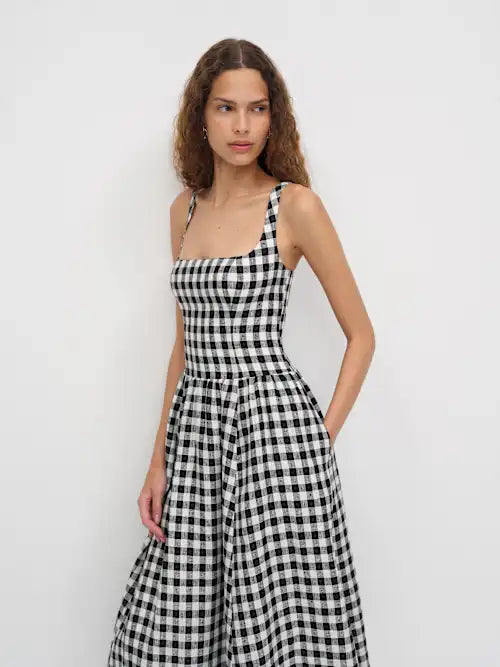 Black White Gingham Square Neck Wide Strap Midi Prom Dress
