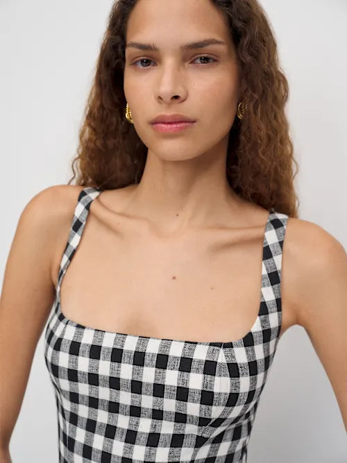 Black White Gingham Square Neck Wide Strap Midi Prom Dress