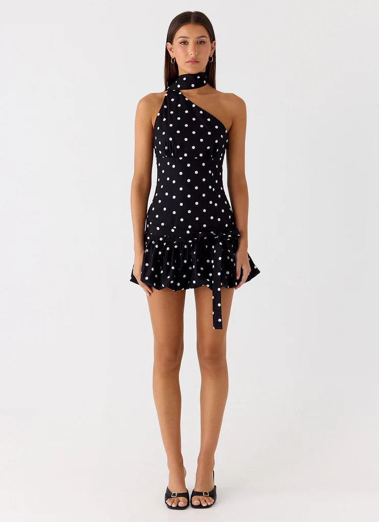 Black White Polka Dot One Shoulder Halter Neck Mini Dress For Elegant Casual Party Events