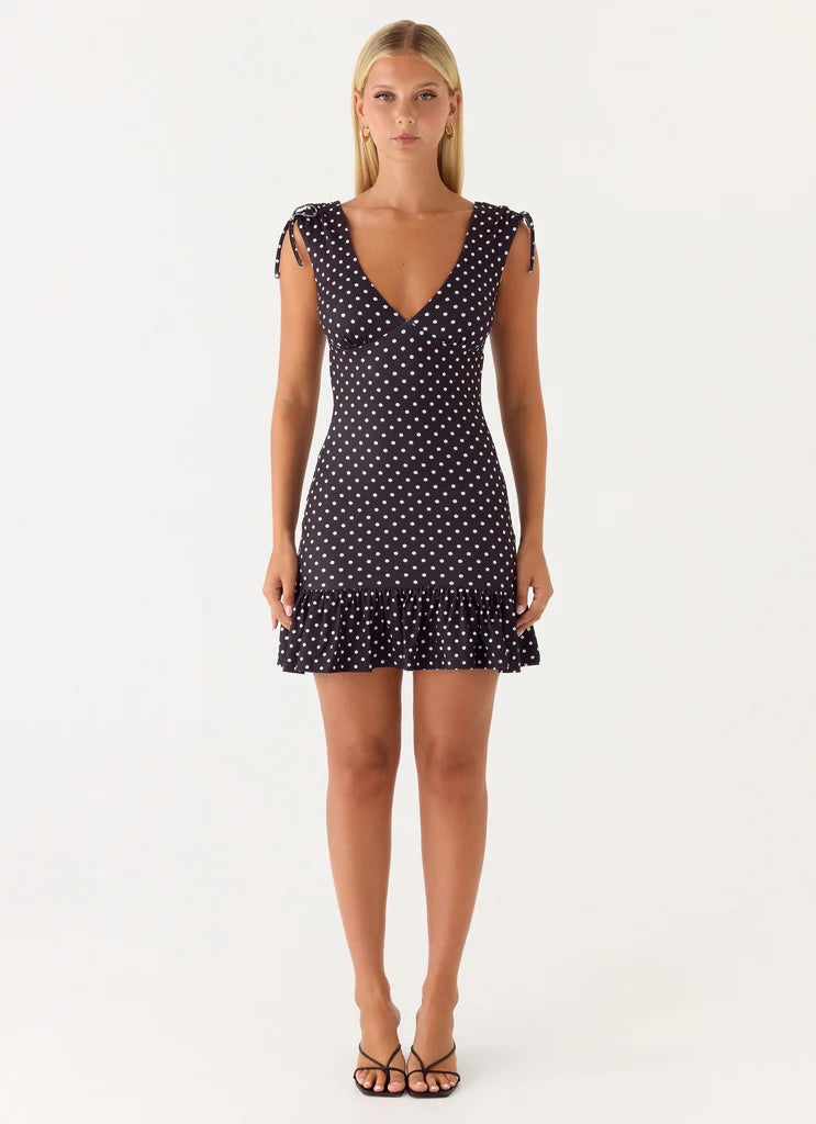 Black White Polka Dot V-Neck Tie Shoulder Ruffle Mini Dress For Elegant Casual Party Events