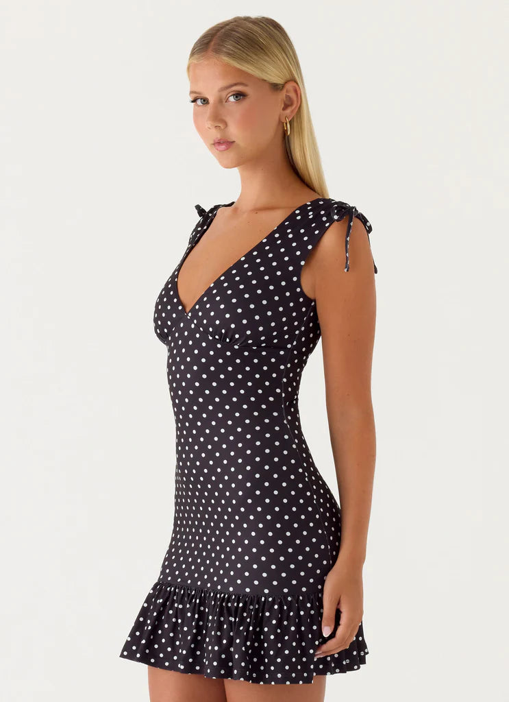 Black White Polka Dot V-Neck Tie Shoulder Ruffle Mini Dress For Elegant Casual Party Events