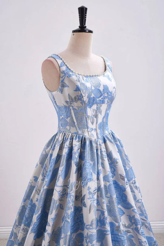 Blue Floral Jacquard Ball Gown with Pearl Neckline and Square Neck