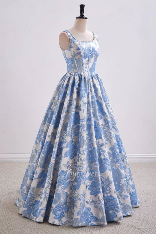 Blue Floral Jacquard Ball Gown with Pearl Neckline and Square Neck
