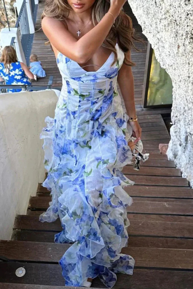 Blue Floral Print Spaghetti Strap Ruffle Maxi Dress with Open Back