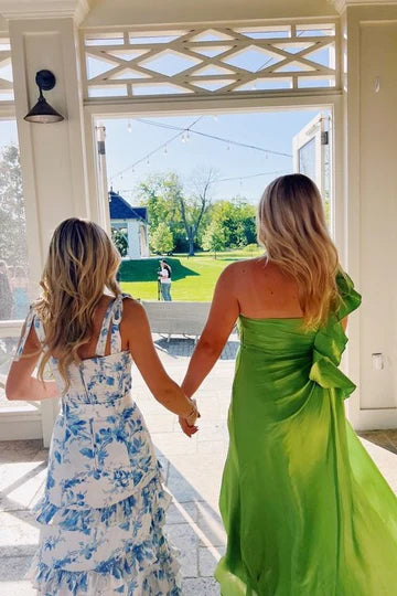 Blue Floral Print Tiered Ruffle Prom Dress with a High Side Slit