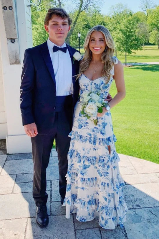 Blue Floral Print Tiered Ruffle Prom Dress with a High Side Slit