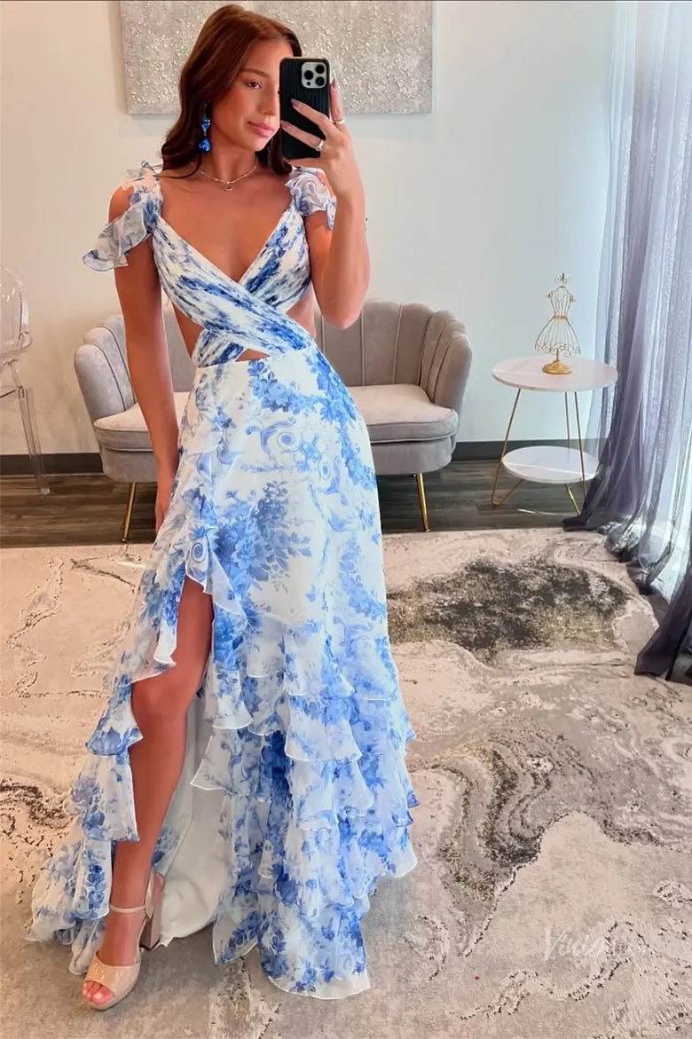 Blue White Floral Print Ruffle Strap Cutout Maxi Dress with Tiered Skirt & High Slit