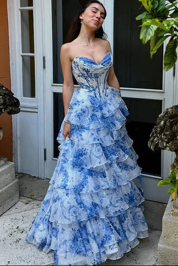 Blue White Floral Strapless Corset Tiered Ruffle Prom Dress with Slit