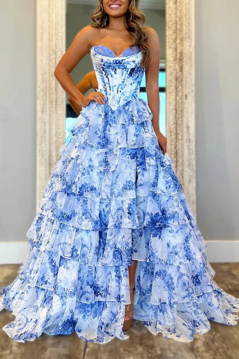 Blue White Floral Strapless Corset Tiered Ruffle Prom Dress with Slit