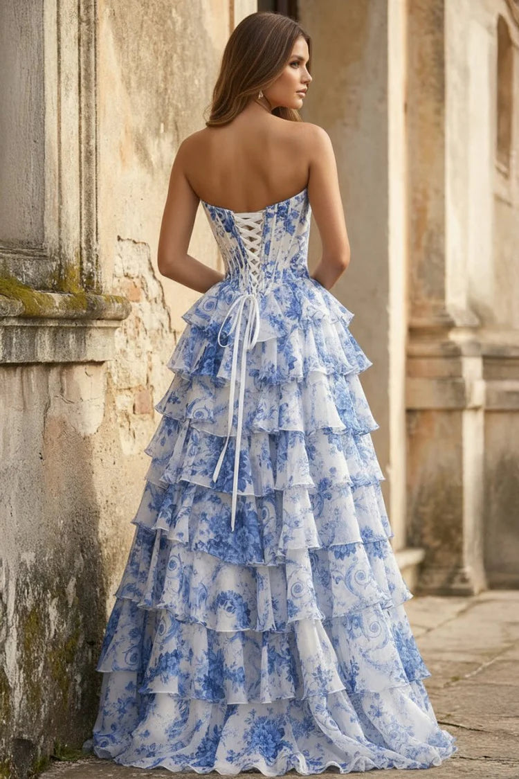 Blue and White Floral Strapless Tiered Ruffled Maxi with High Slit Prom Dress
