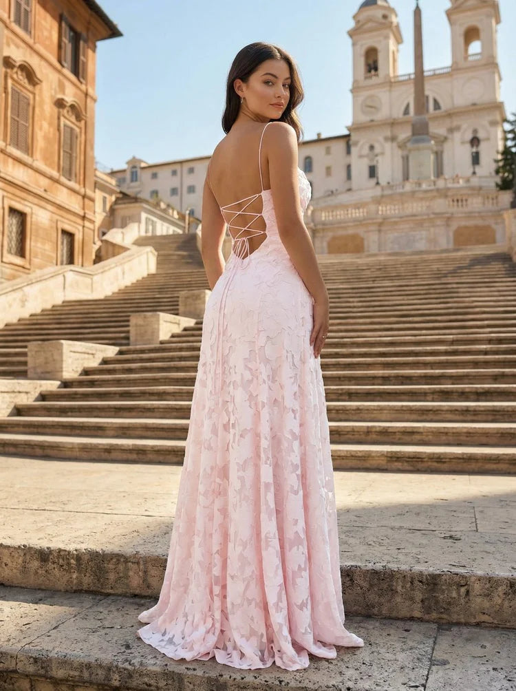 Blush Pink Floral Jacquard Spaghetti Strap Lace-Up Back  Prom Dress