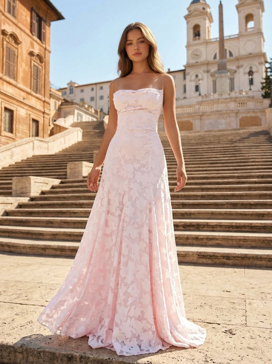 Blush Pink Floral Jacquard Spaghetti Strap Lace-Up Back  Prom Dress