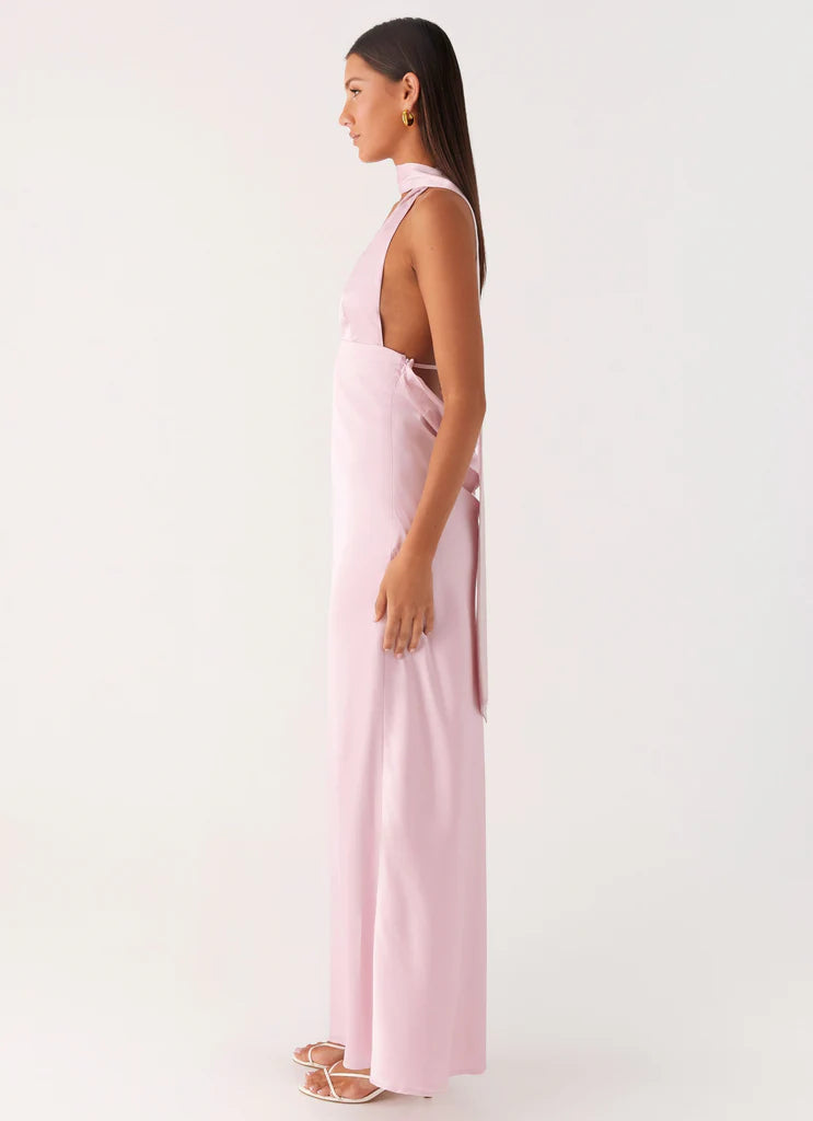 Blush Pink Halter Neck Deep V Backless Satin Maxi Prom Dress For Elegant Formal Evening Events