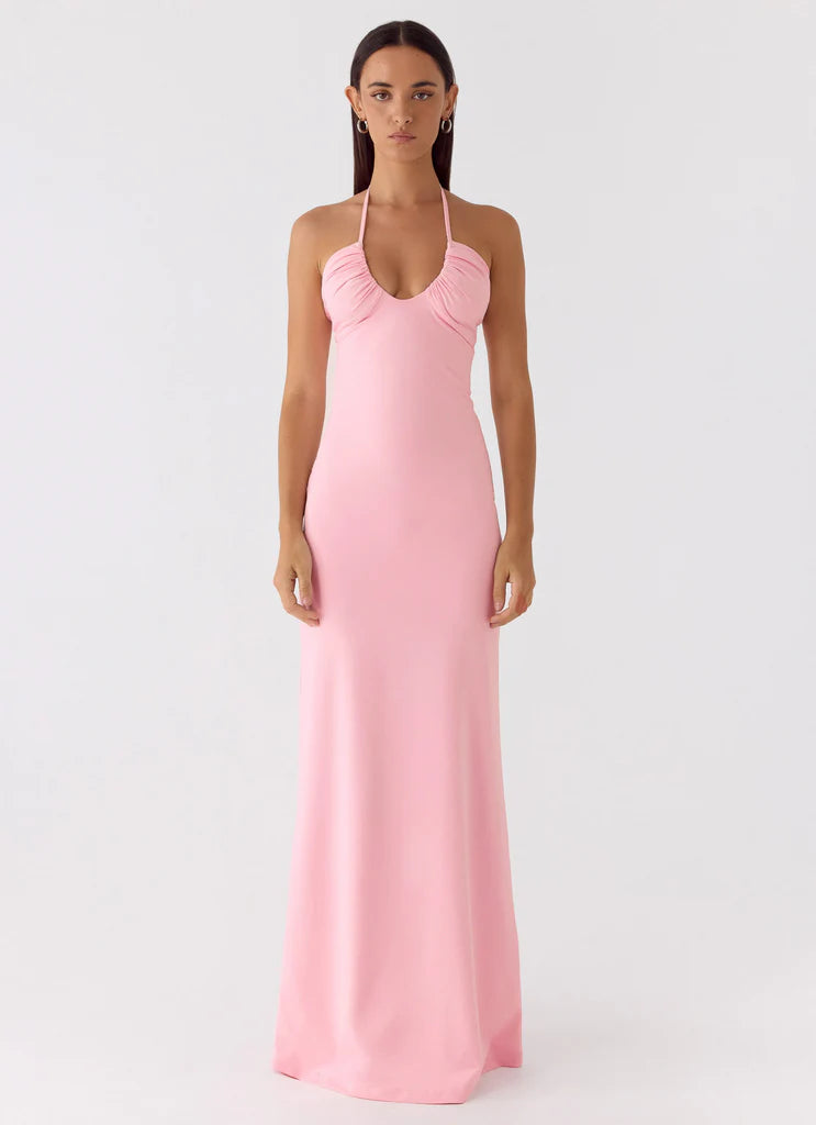 Blush Pink Halter Neck Ruched Open Back Maxi Prom Dress for Formal Weddings and Events