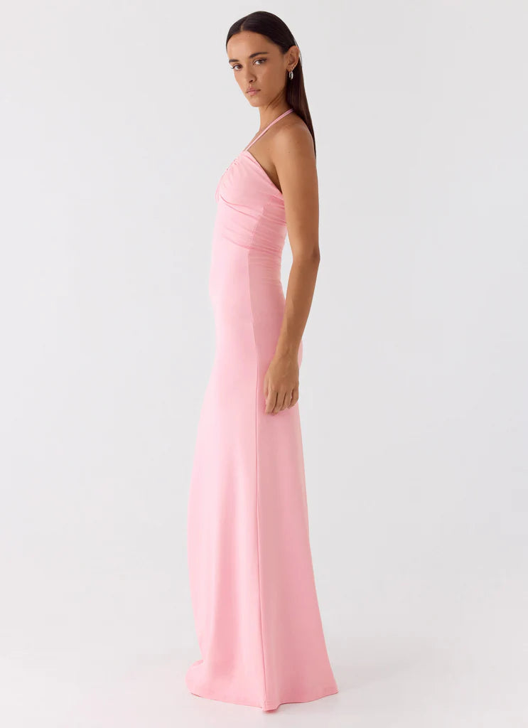 Blush Pink Halter Neck Ruched Open Back Maxi Prom Dress for Formal Weddings and Events