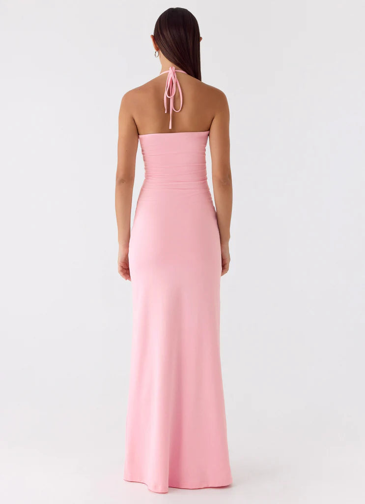 Blush Pink Halter Neck Ruched Open Back Maxi Prom Dress for Formal Weddings and Events