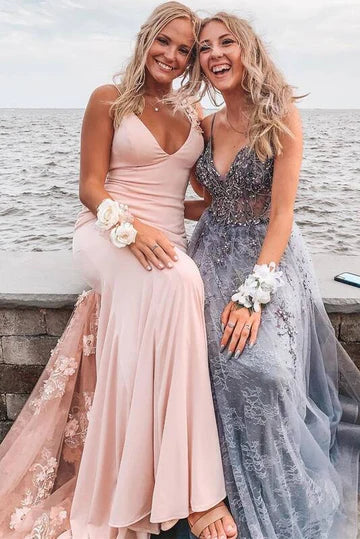 Blush Pink Mermaid Maxi Dress with Floral Applique, Single Shoulder Strap & Deep V Back