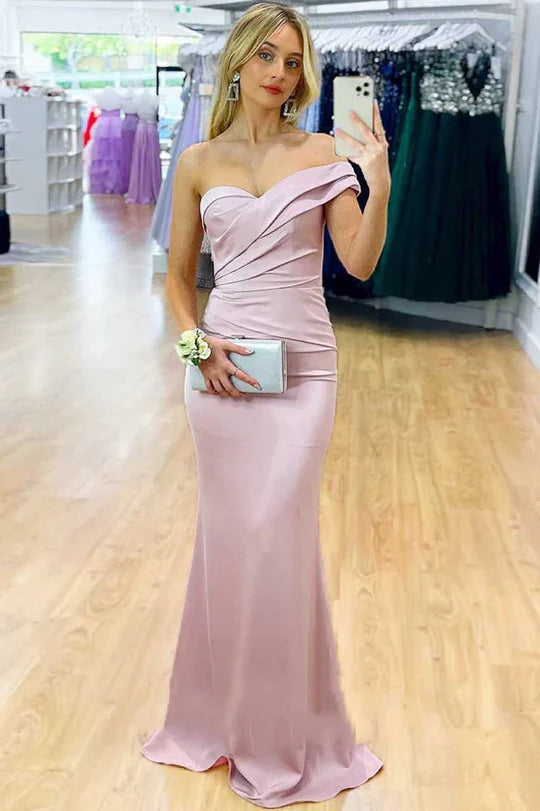 Blush Pink Off-the-Shoulder Satin Mermaid Prom Dress with Ruched Bodice