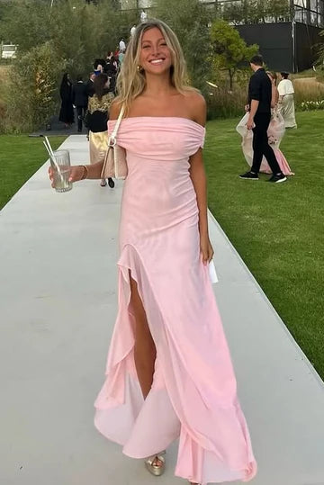 Blush Pink Off Shoulder Ruffle High Slit Backless Maxi Prom Dress