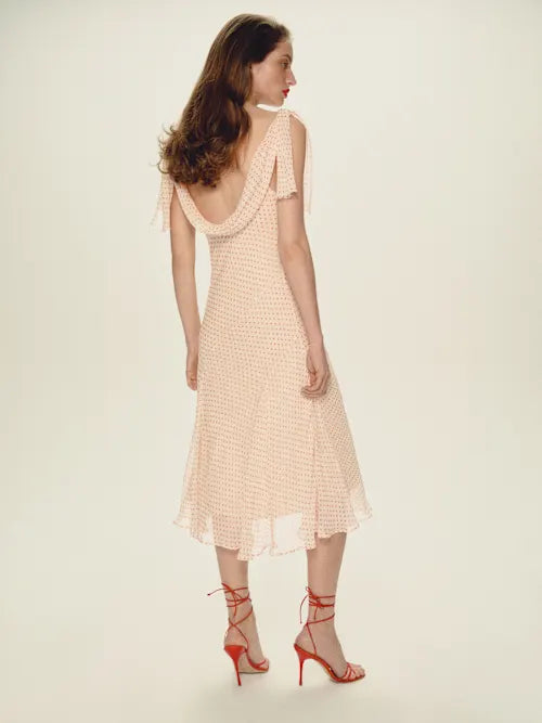 Blush Pink Red Polka Dot Cowl Back Tie Detail Midi Prom Dress