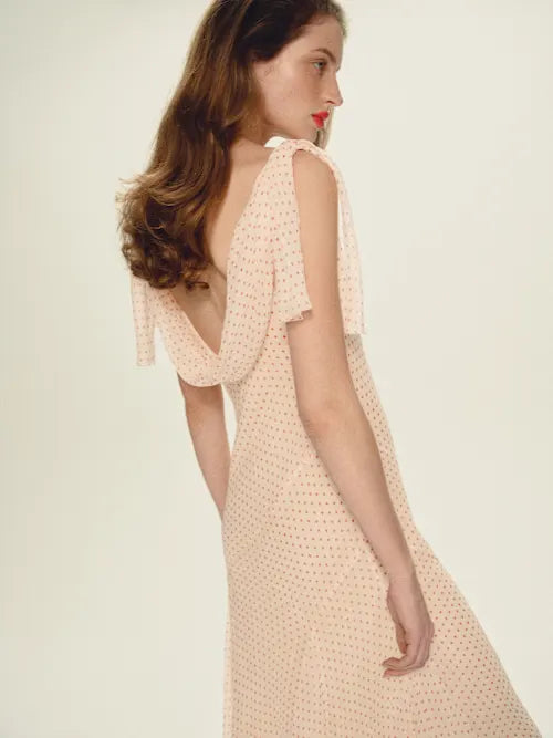 Blush Pink Red Polka Dot Cowl Back Tie Detail Midi Prom Dress