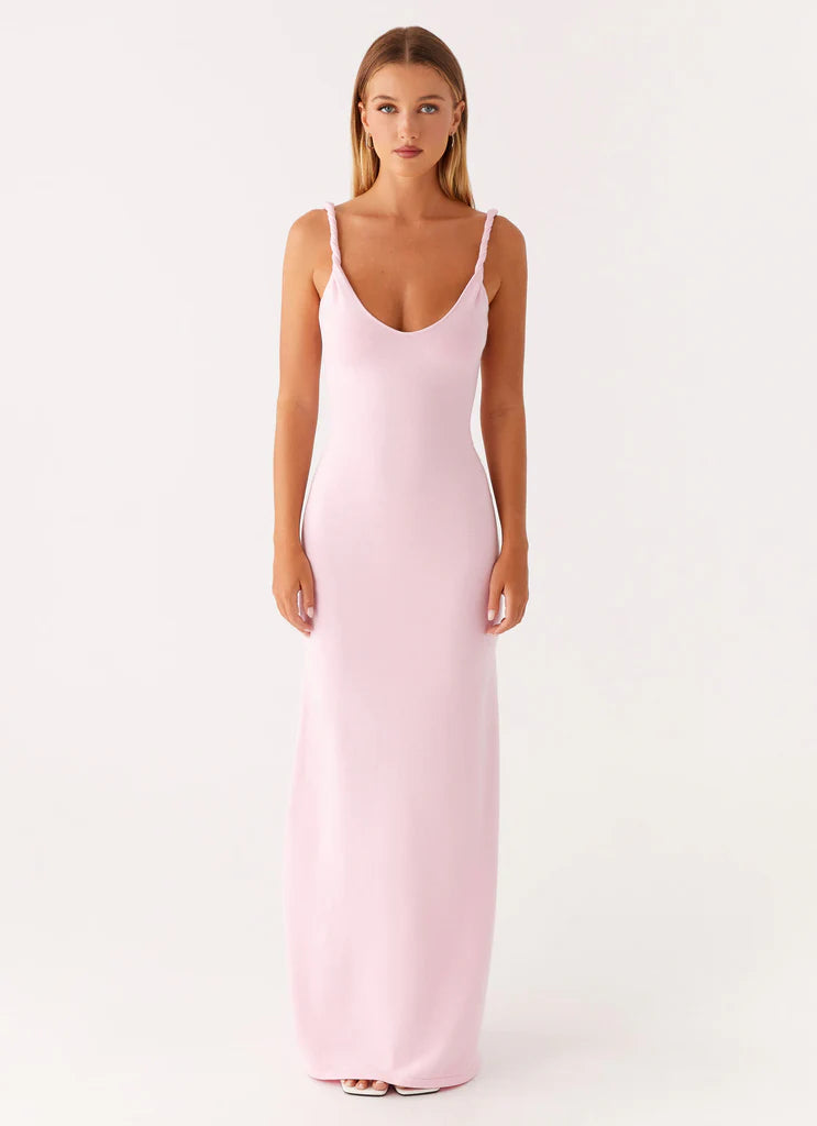 Blush Pink Ribbed Twisted Strap Backless Maxi Dress For Elegant Casual Party Events
