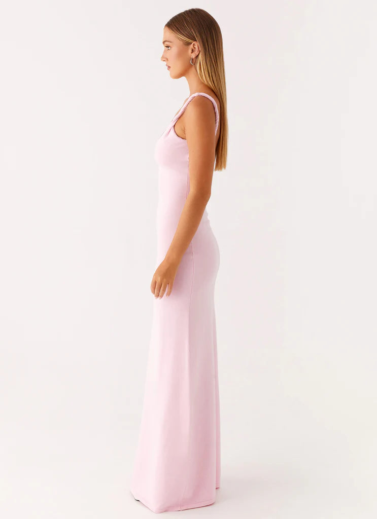 Blush Pink Ribbed Twisted Strap Backless Maxi Dress For Elegant Casual Party Events
