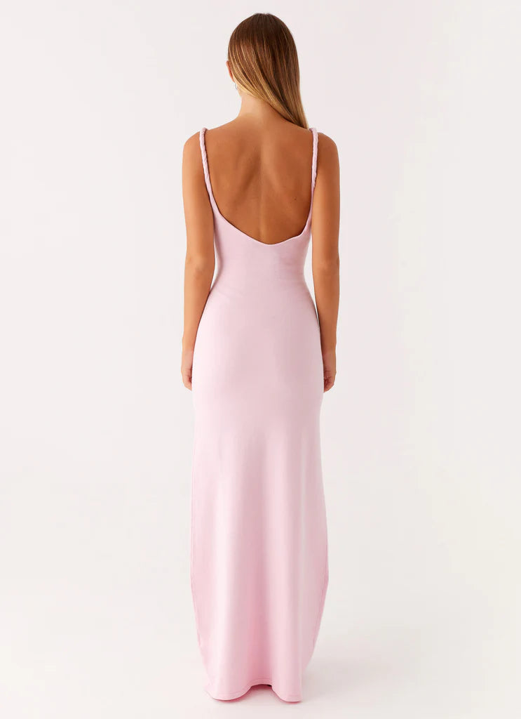 Blush Pink Ribbed Twisted Strap Backless Maxi Dress For Elegant Casual Party Events